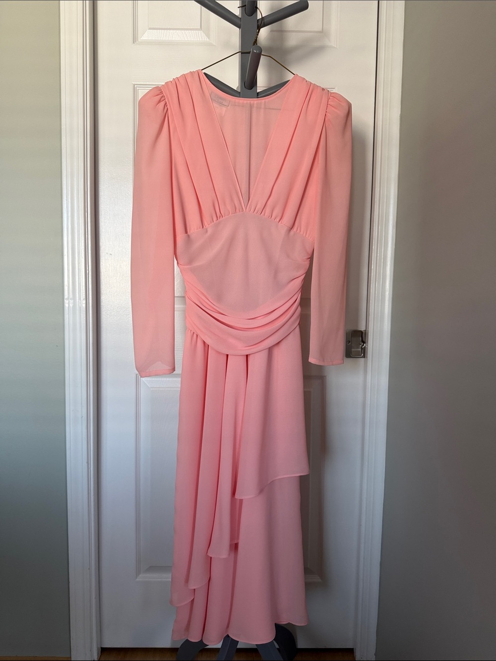 Vintage DEMARO Made in Canada Elegant Pink Long Sleeve Draped Maxi Dress